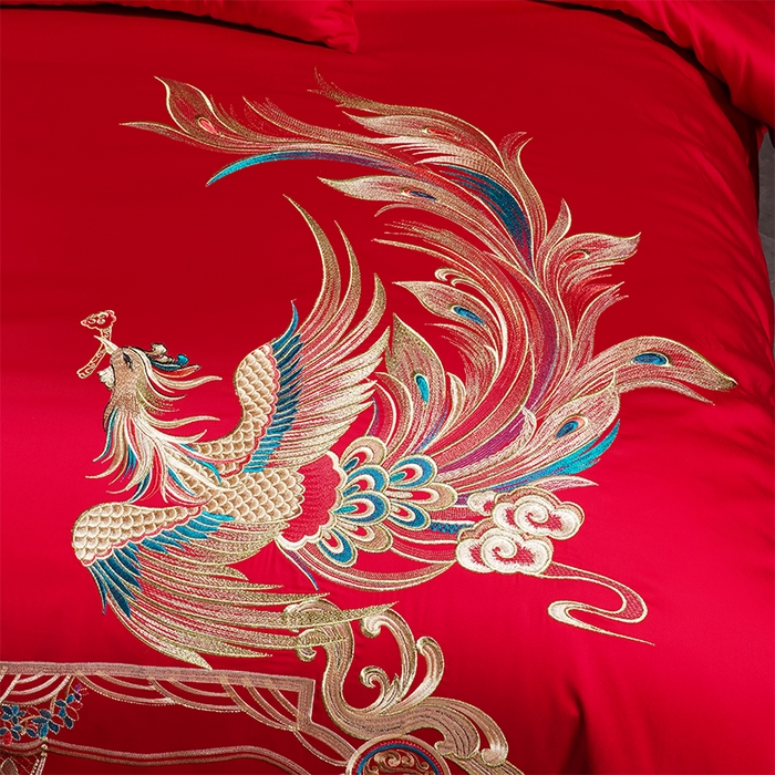 91家纺网 家纺一手货源 找家纺 千禧家纺 2025新款双面长绒棉提花工艺重工刺绣婚庆多件套 龙凤相随