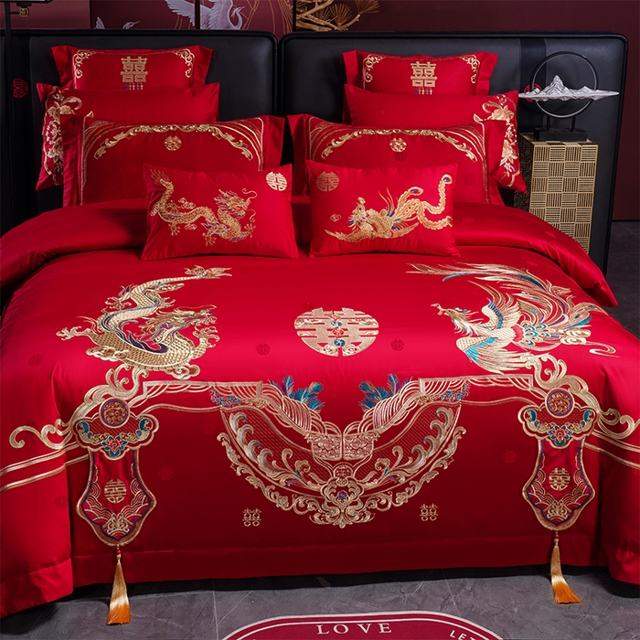 91家纺网 家纺一手货源 找家纺 千禧家纺 2025新款双面长绒棉提花工艺重工刺绣婚庆多件套 龙凤相随