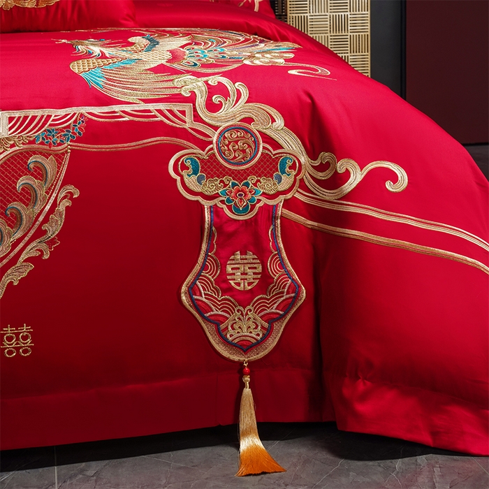 91家纺网 家纺一手货源 找家纺 千禧家纺 2025新款双面长绒棉提花工艺重工刺绣婚庆多件套 龙凤相随