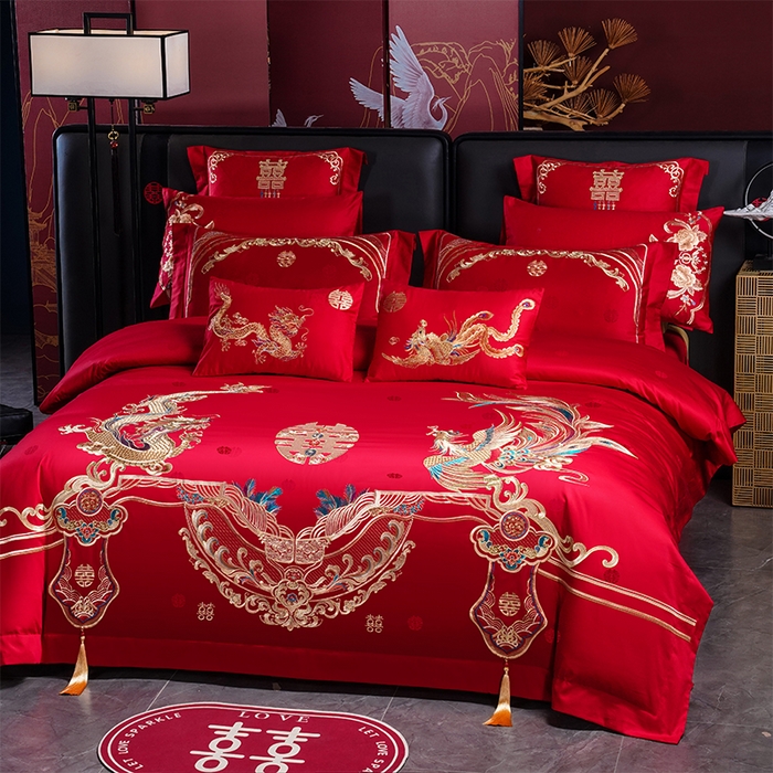 91家纺网 家纺一手货源 找家纺 千禧家纺 2025新款双面长绒棉提花工艺重工刺绣婚庆多件套 龙凤相随