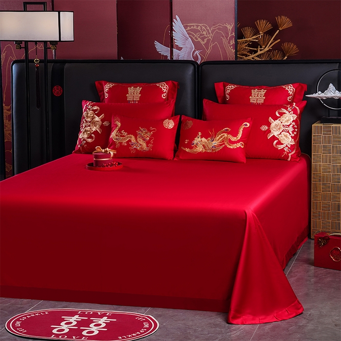 91家纺网 家纺一手货源 找家纺 千禧家纺 2025新款双面长绒棉提花工艺重工刺绣婚庆多件套 龙凤相随