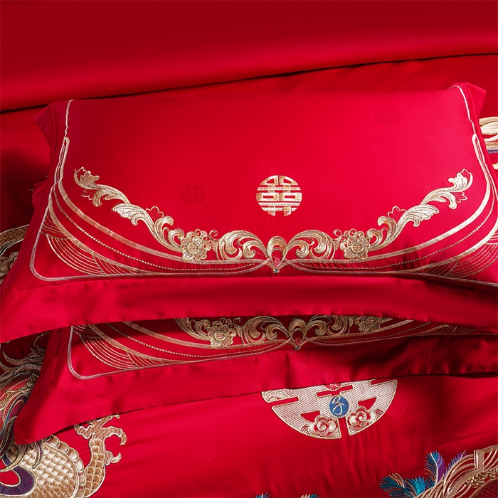 91家纺网 家纺一手货源 找家纺 千禧家纺 2025新款双面长绒棉提花工艺重工刺绣婚庆多件套 龙凤相随