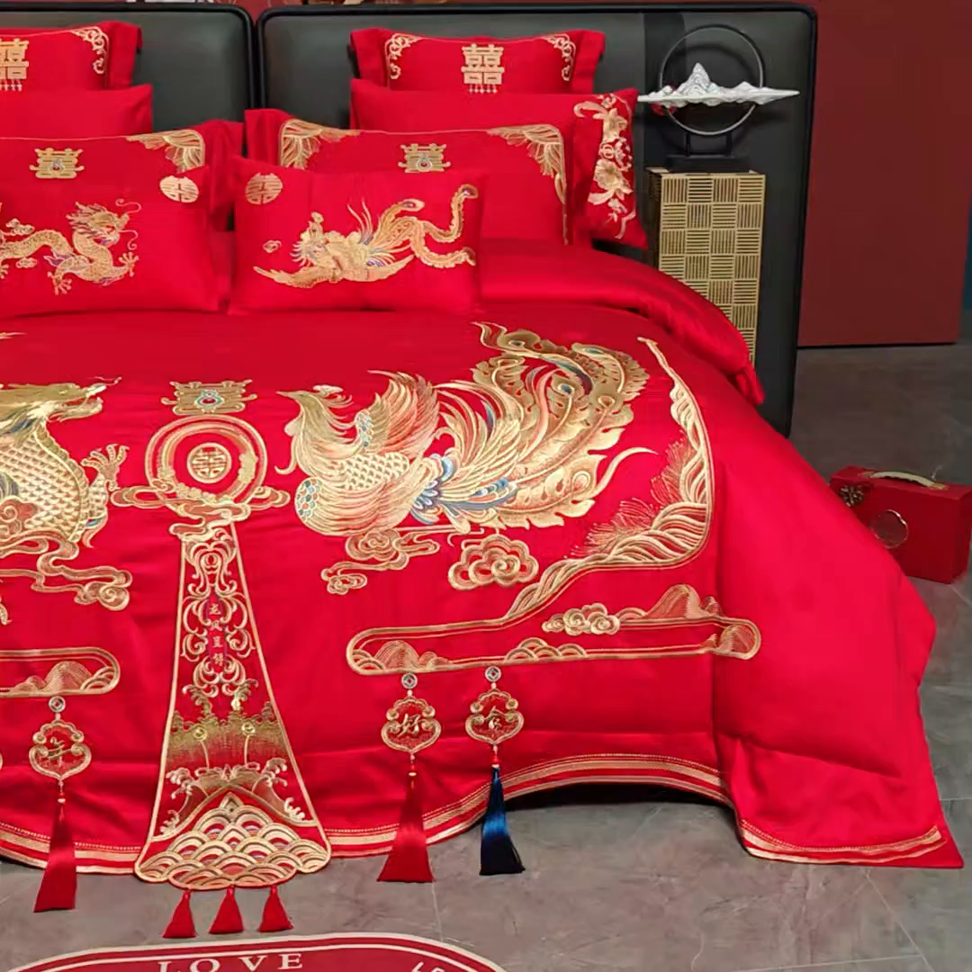 91家纺网 家纺一手货源 找家纺 千禧家纺 2025新款双面长绒棉提花工艺重工刺绣婚庆多件套 龙章凤姿