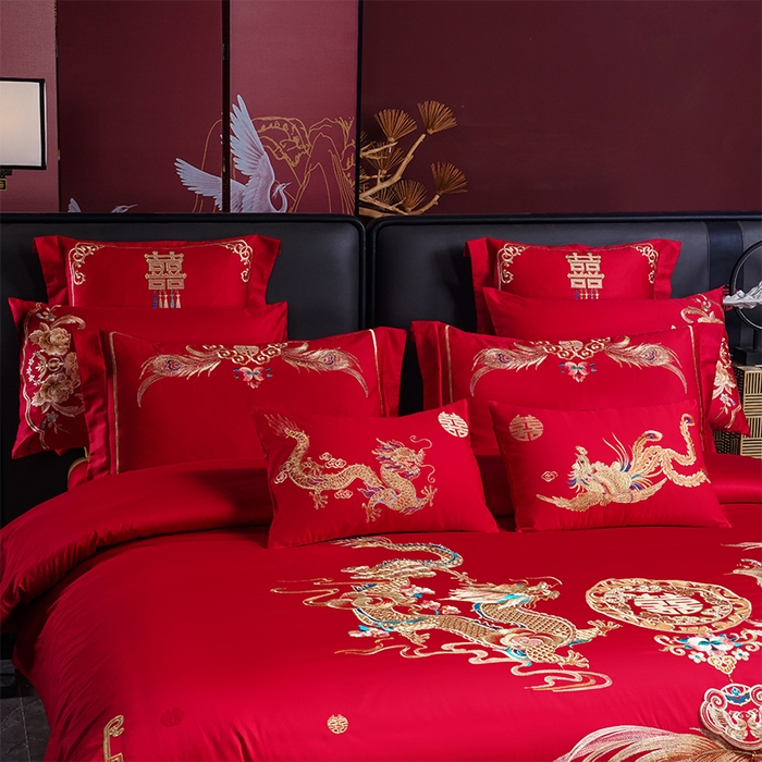 91家纺网 家纺一手货源 找家纺 千禧家纺 2025新款双面长绒棉提花工艺重工刺绣婚庆多件套 天配龙凤