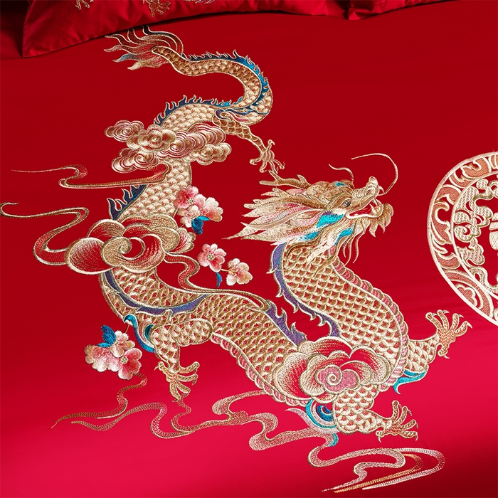 91家纺网 家纺一手货源 找家纺 千禧家纺 2025新款双面长绒棉提花工艺重工刺绣婚庆多件套 天配龙凤