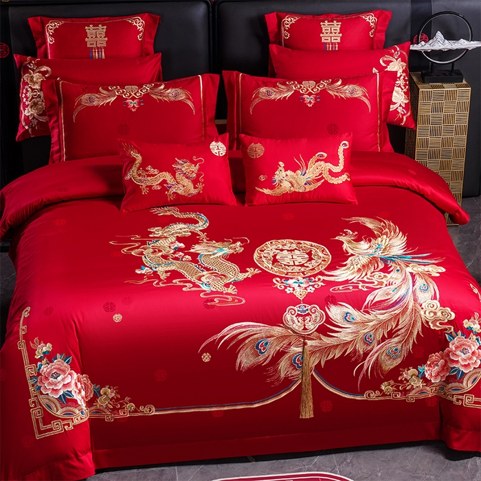 91家纺网 家纺一手货源 找家纺 千禧家纺 2025新款双面长绒棉提花工艺重工刺绣婚庆多件套 天配龙凤