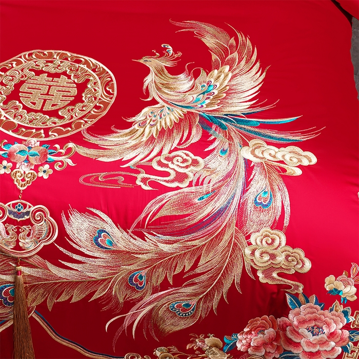 91家纺网 家纺一手货源 找家纺 千禧家纺 2025新款双面长绒棉提花工艺重工刺绣婚庆多件套 天配龙凤