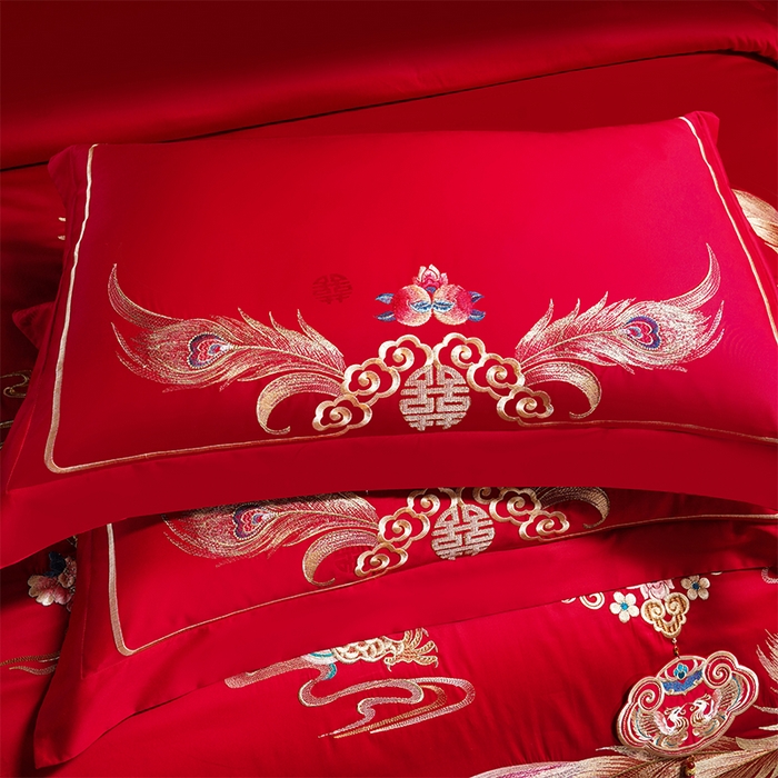 91家纺网 家纺一手货源 找家纺 千禧家纺 2025新款双面长绒棉提花工艺重工刺绣婚庆多件套 天配龙凤