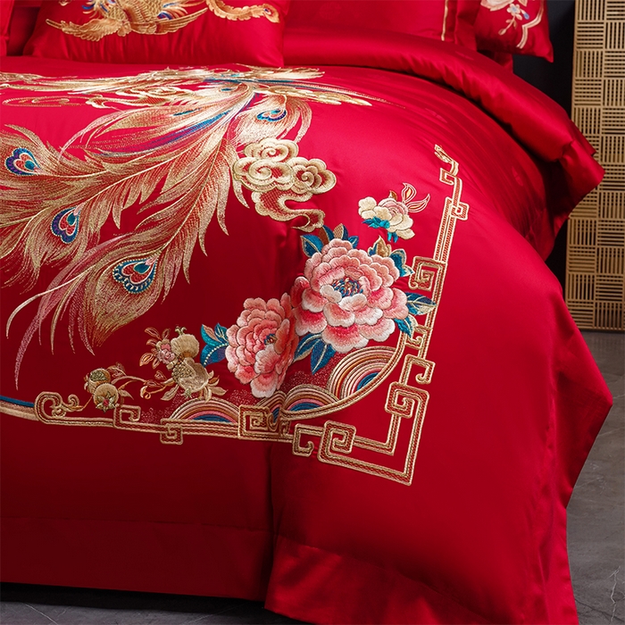 91家纺网 家纺一手货源 找家纺 千禧家纺 2025新款双面长绒棉提花工艺重工刺绣婚庆多件套 天配龙凤