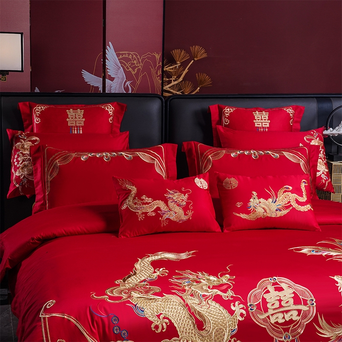 91家纺网 家纺一手货源 找家纺 千禧家纺 2025新款双面长绒棉提花工艺重工刺绣婚庆多件套 龙凤呈瑞