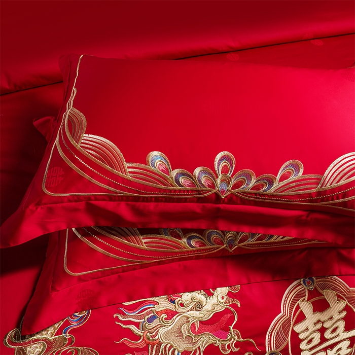 91家纺网 家纺一手货源 找家纺 千禧家纺 2025新款双面长绒棉提花工艺重工刺绣婚庆多件套 龙凤呈瑞