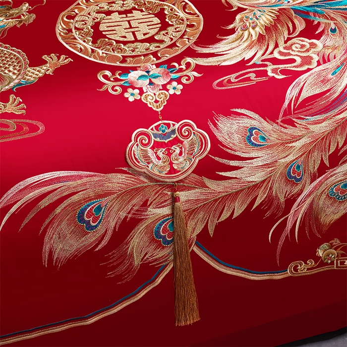 91家纺网 家纺一手货源 找家纺 千禧家纺 2025新款双面长绒棉提花工艺重工刺绣婚庆多件套 天配龙凤