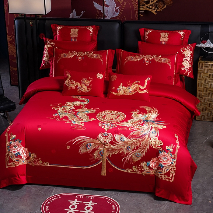 91家纺网 家纺一手货源 找家纺 千禧家纺 2025新款双面长绒棉提花工艺重工刺绣婚庆多件套 天配龙凤