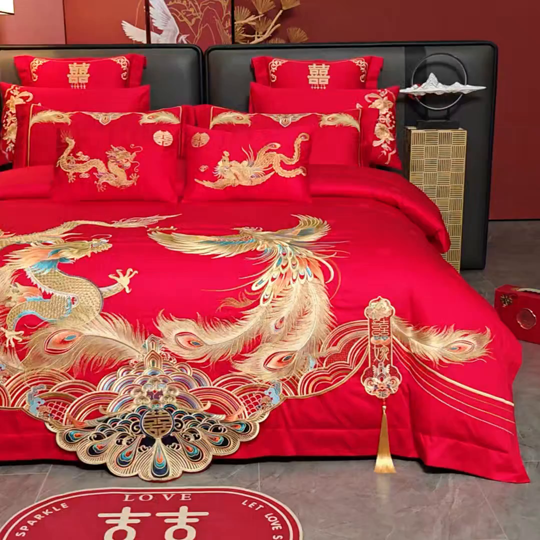 91家纺网 家纺一手货源 找家纺 千禧家纺 2025新款双面长绒棉提花工艺重工刺绣婚庆多件套 龙凤织锦