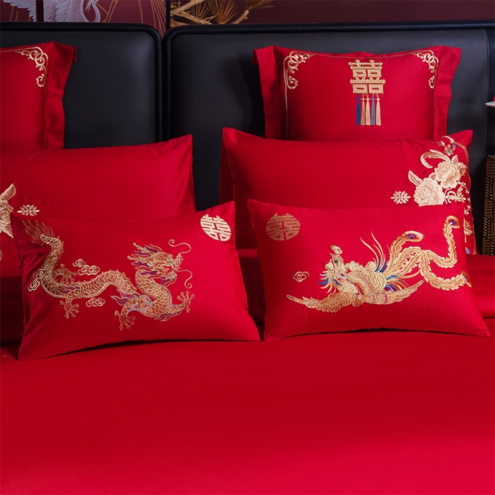 91家纺网 家纺一手货源 找家纺 千禧家纺 2025新款双面长绒棉提花工艺重工刺绣婚庆多件套 龙凤呈瑞