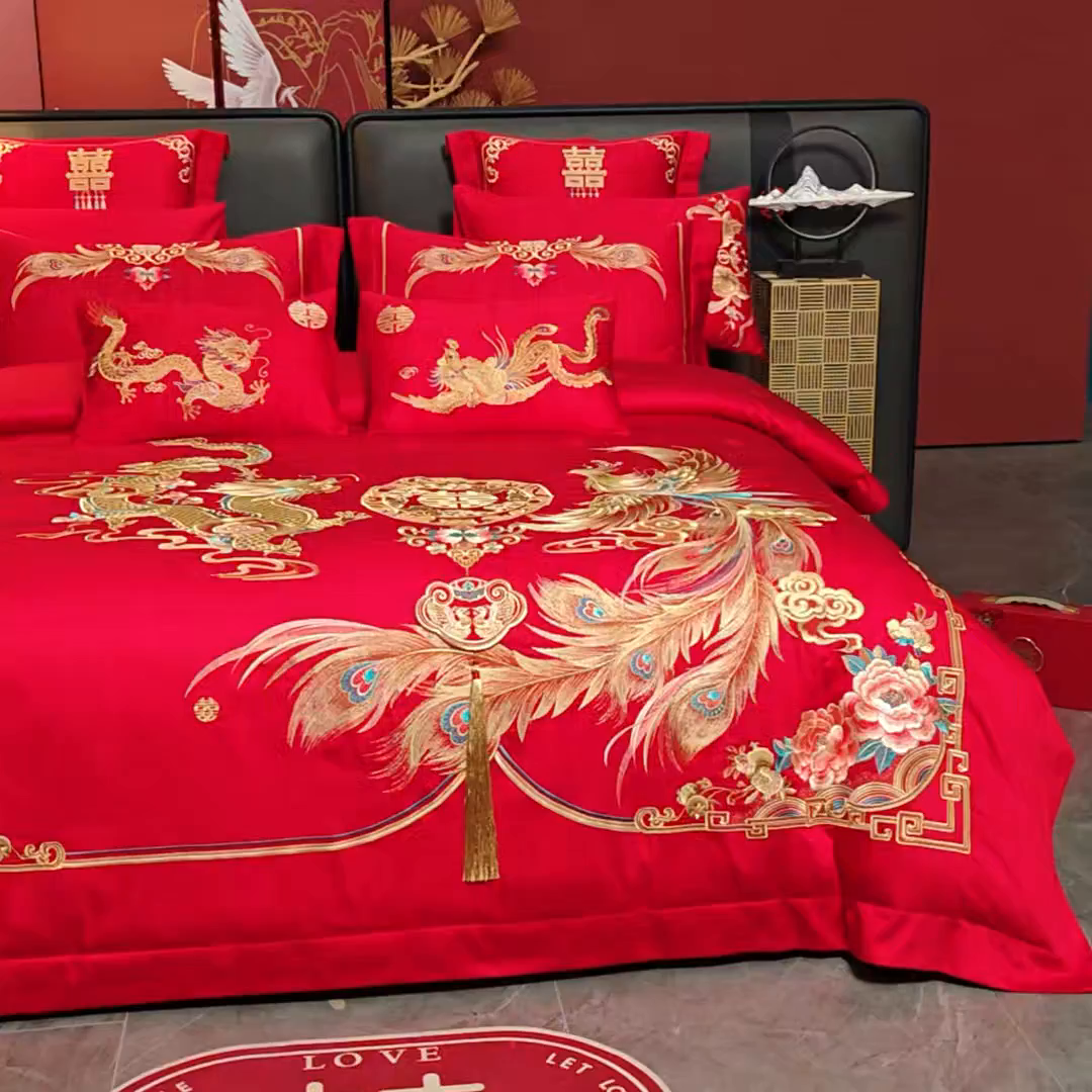 91家纺网 家纺一手货源 找家纺 千禧家纺 2025新款双面长绒棉提花工艺重工刺绣婚庆多件套 天配龙凤