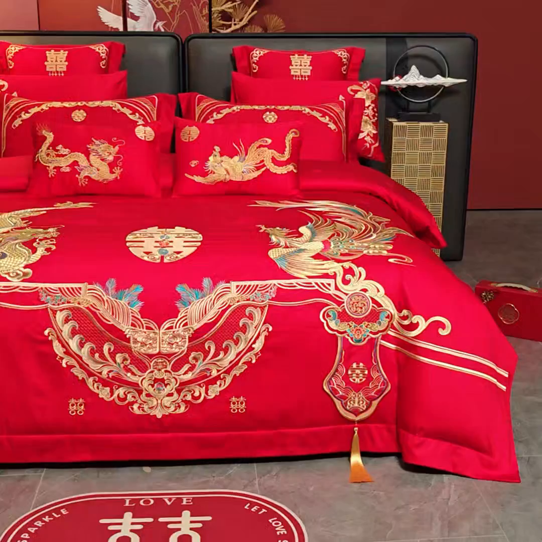 91家纺网 家纺一手货源 找家纺 千禧家纺 2025新款双面长绒棉提花工艺重工刺绣婚庆多件套 龙凤相随