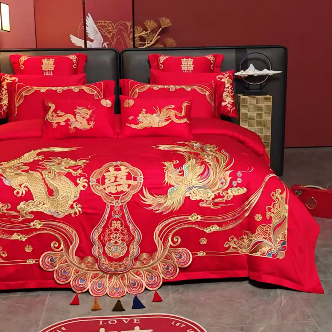 91家纺网 家纺一手货源 找家纺 千禧家纺 2025新款双面长绒棉提花工艺重工刺绣婚庆多件套 龙凤呈瑞