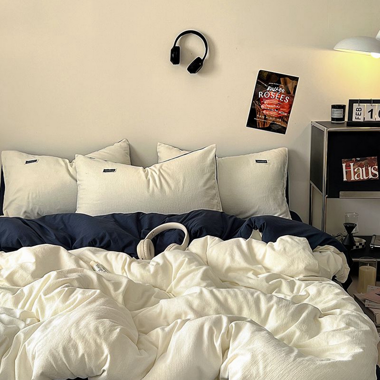 91家纺网 家纺一手货源 找家纺 悦织湾家纺 2025新款雪尼尔亲肤四件套轻奢透气纯色单双人学生宿舍床上用品三四件套 雪尼尔-奶白+藏蓝