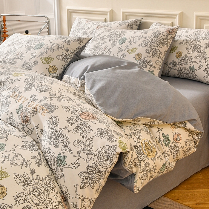 91家纺网 家纺一手货源 找家纺 宇彬家纺 2025直播热新款秋冬全棉四件套精梳生态原棉印花加厚磨毛轻奢铂金床单床笠款三四件套 加州风情（灰）