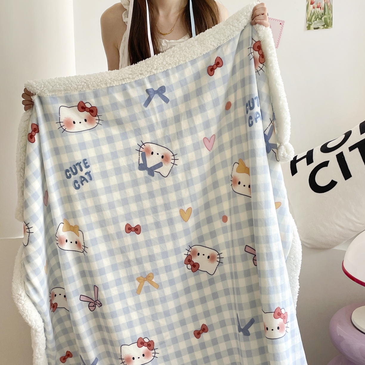 十里居 2025新款印花牛奶绒羊羔绒盖毯毛毯午休毯卡通多功能沙发毯 KT猫