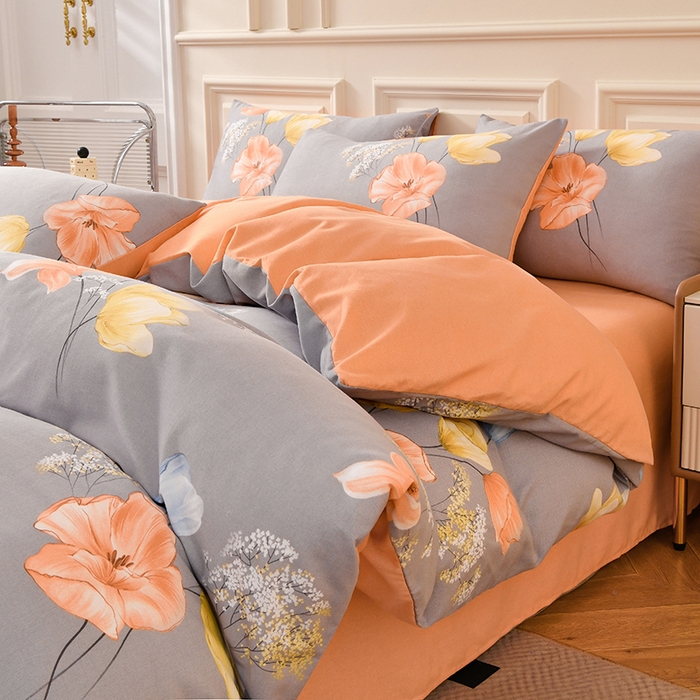 91家纺网 家纺一手货源 找家纺 宇彬家纺 2025直播热新款秋冬全棉四件套精梳生态原棉印花加厚磨毛轻奢铂金床单床笠款三四件套 依兰花开（灰）