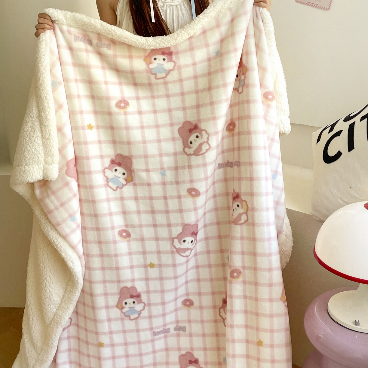 十里居 2025新款印花牛奶绒羊羔绒盖毯毛毯午休毯卡通多功能沙发毯 甜甜圈兔兔