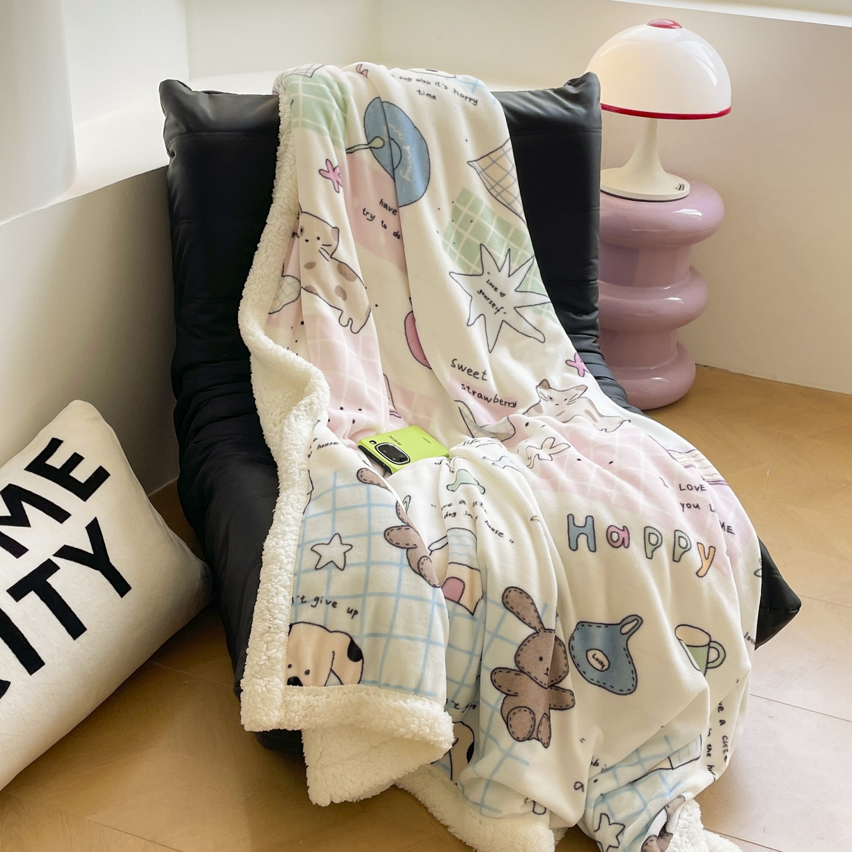 91家纺网 家纺一手货源 找家纺 十里居 2025新款印花牛奶绒羊羔绒盖毯毛毯午休毯卡通多功能沙发毯 卡哇伊