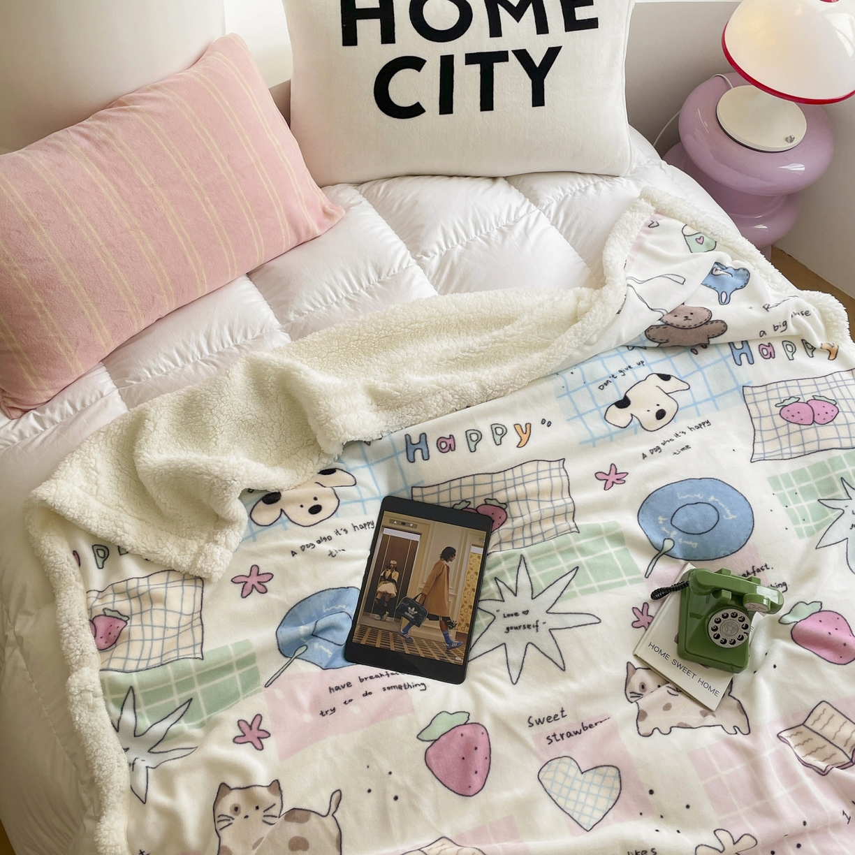 91家纺网 家纺一手货源 找家纺 十里居 2025新款印花牛奶绒羊羔绒盖毯毛毯午休毯卡通多功能沙发毯 卡哇伊