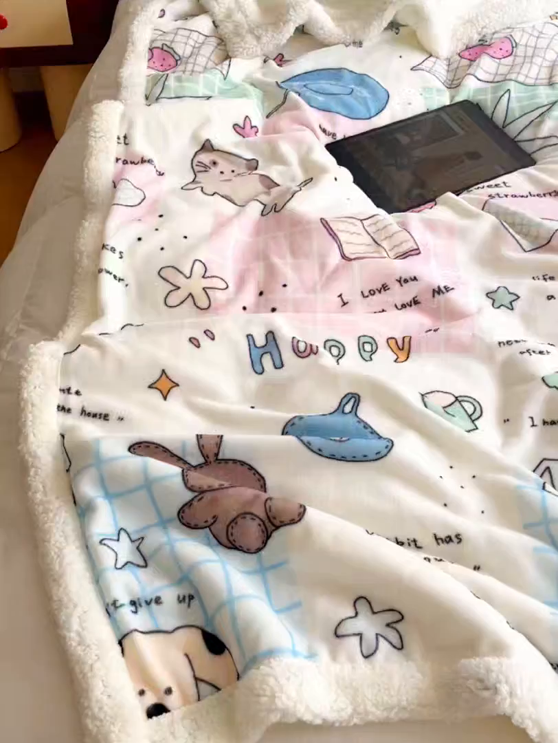 91家纺网 家纺一手货源 找家纺 十里居 2025新款印花牛奶绒羊羔绒盖毯毛毯午休毯卡通多功能沙发毯 卡哇伊