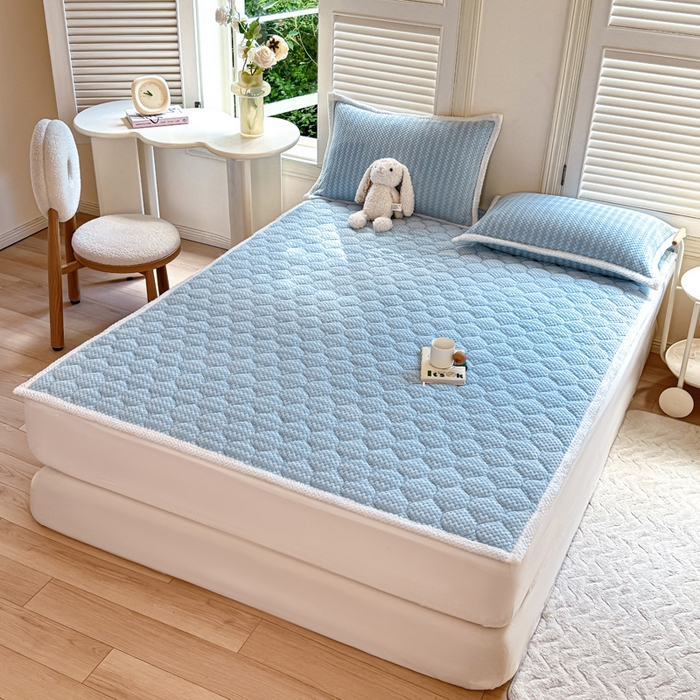 91家纺网 家纺一手货源 找家纺 正邦家纺 2025新款云豆绒加厚保暖夹棉软床垫上下铺床褥学生床护垫 婴儿蓝