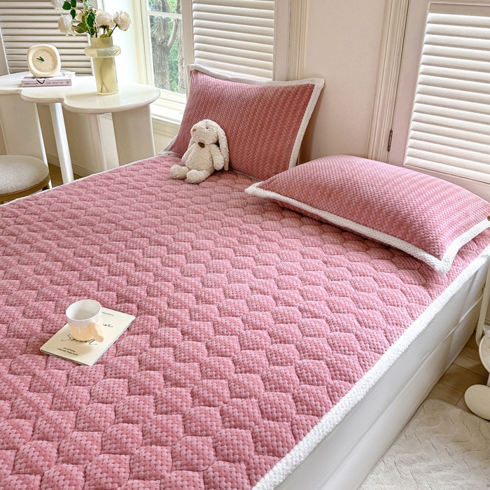 91家纺网 家纺一手货源 找家纺 正邦家纺 2025新款云豆绒加厚保暖夹棉软床垫上下铺床褥学生床护垫 合欢红