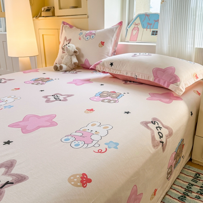 91家纺网 家纺一手货源 找家纺 帛织澜家纺 2025新款12868全棉喷气印花床单单件 星星兔-A版