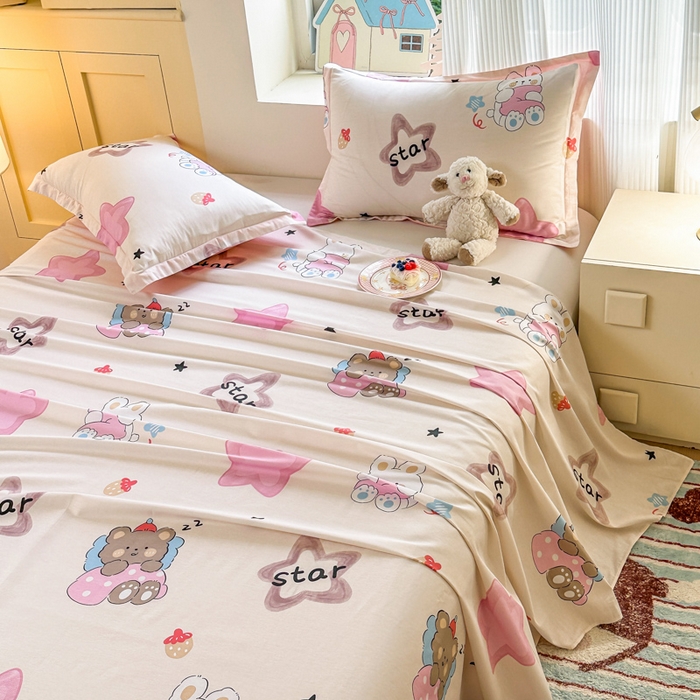 91家纺网 家纺一手货源 找家纺 帛织澜家纺 2025新款12868全棉喷气印花床单单件 星星兔-A版