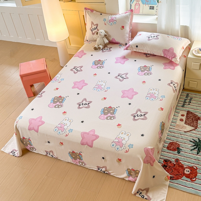 91家纺网 家纺一手货源 找家纺 帛织澜家纺 2025新款12868全棉喷气印花床单单件 星星兔-A版