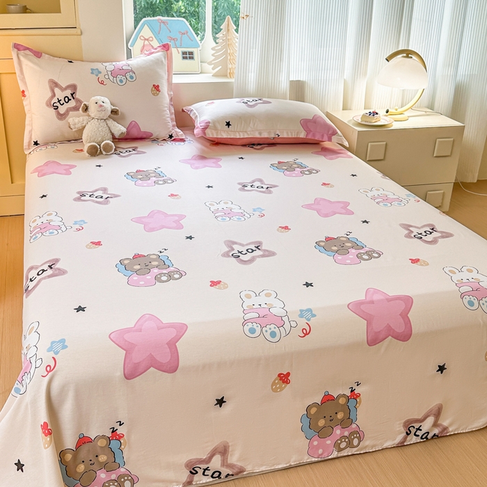 91家纺网 家纺一手货源 找家纺 帛织澜家纺 2025新款12868全棉喷气印花床单单件 星星兔-A版