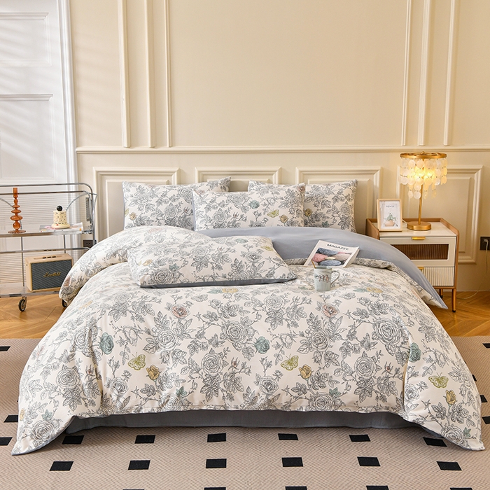 91家纺网 家纺一手货源 找家纺 宇彬家纺 2025直播热新款秋冬全棉四件套精梳生态原棉印花加厚磨毛轻奢铂金床单床笠款三四件套 加州风情（灰）