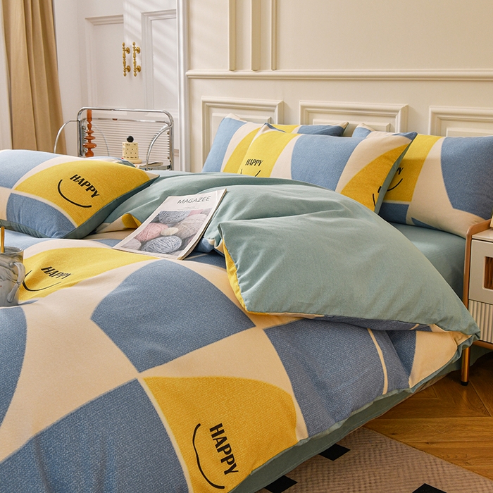 91家纺网 家纺一手货源 找家纺 宇彬家纺 2025直播热新款秋冬全棉四件套精梳生态原棉印花加厚磨毛轻奢铂金床单床笠款三四件套 快乐青春（兰）