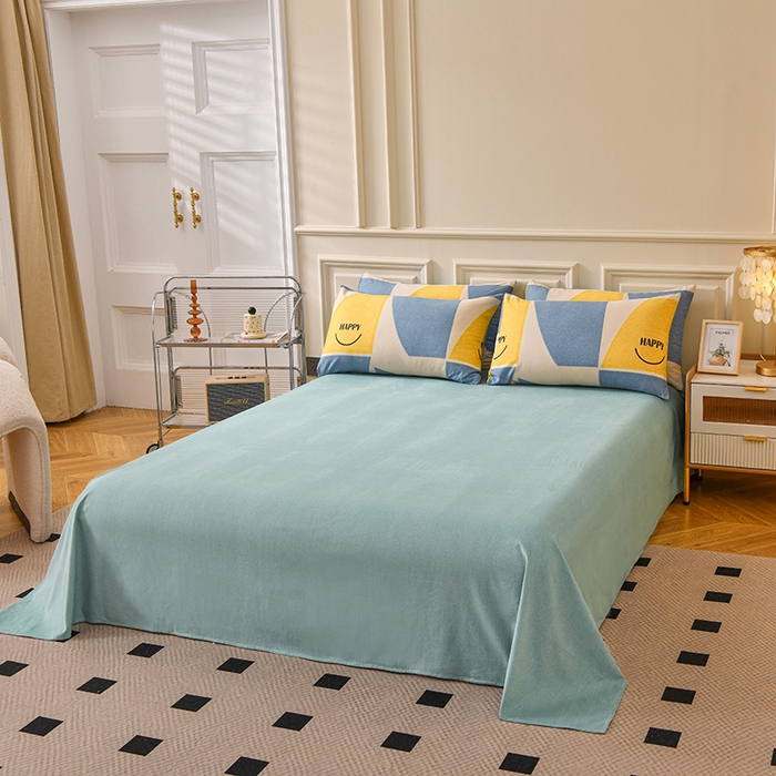 91家纺网 家纺一手货源 找家纺 宇彬家纺 2025直播热新款秋冬全棉四件套精梳生态原棉印花加厚磨毛轻奢铂金床单床笠款三四件套 快乐青春（兰）