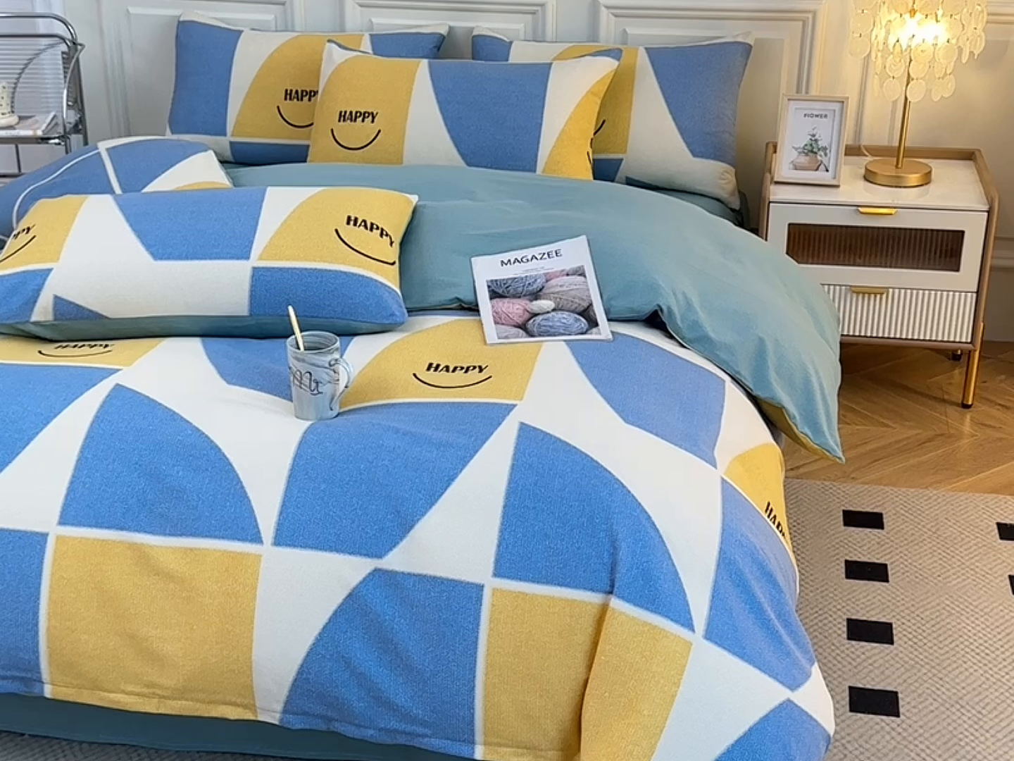 91家纺网 家纺一手货源 找家纺 宇彬家纺 2025直播热新款秋冬全棉四件套精梳生态原棉印花加厚磨毛轻奢铂金床单床笠款三四件套 快乐青春（兰）