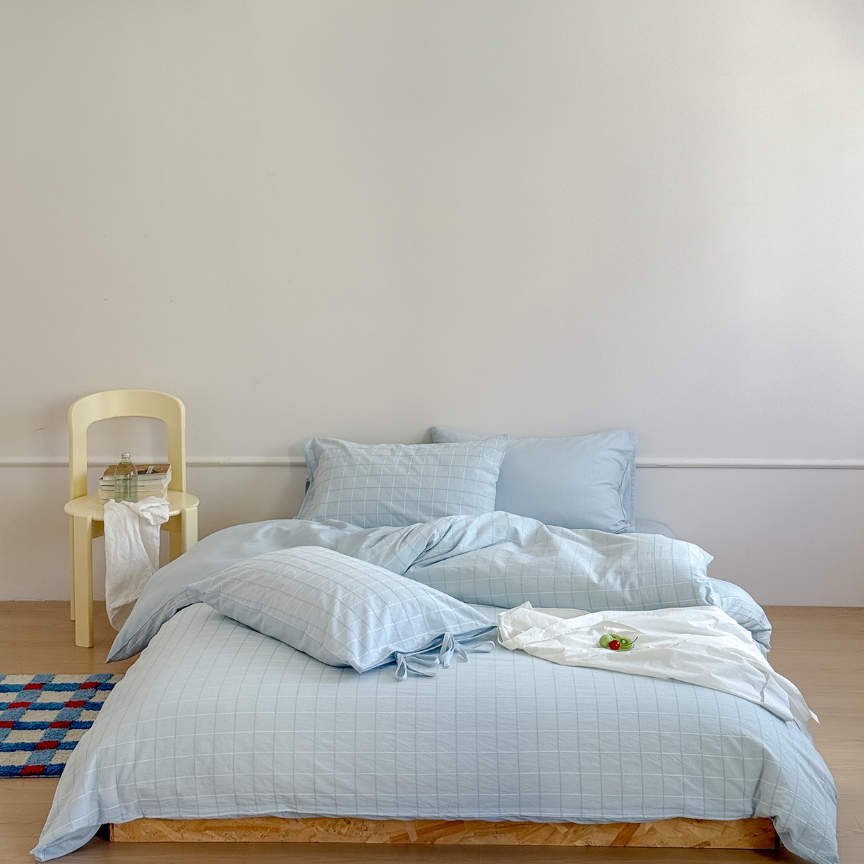 91家纺网 家纺一手货源 找家纺 小春日和 纯棉色织提花四件套人字纹全棉提花床单1.8米床笠民宿三件套加大纯色床单 泡芙-兰