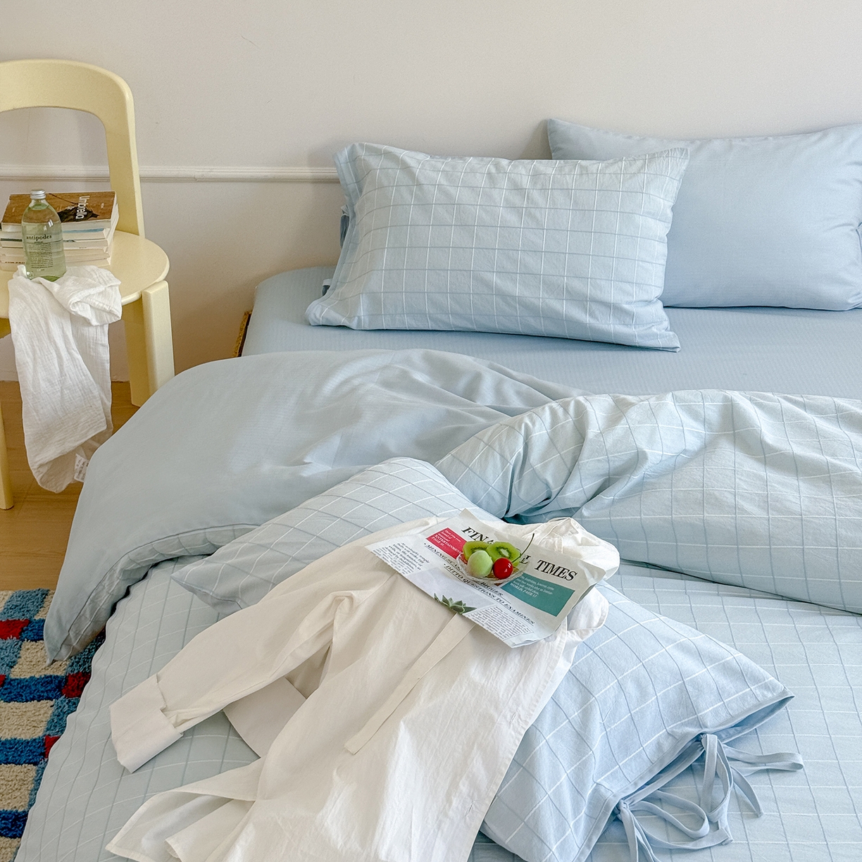 91家纺网 家纺一手货源 找家纺 小春日和 纯棉色织提花四件套人字纹全棉提花床单1.8米床笠民宿三件套加大纯色床单 泡芙-兰