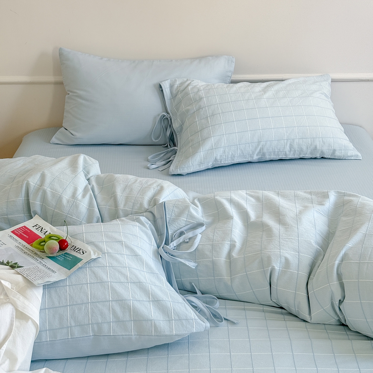 91家纺网 家纺一手货源 找家纺 小春日和 纯棉色织提花四件套人字纹全棉提花床单1.8米床笠民宿三件套加大纯色床单 泡芙-兰