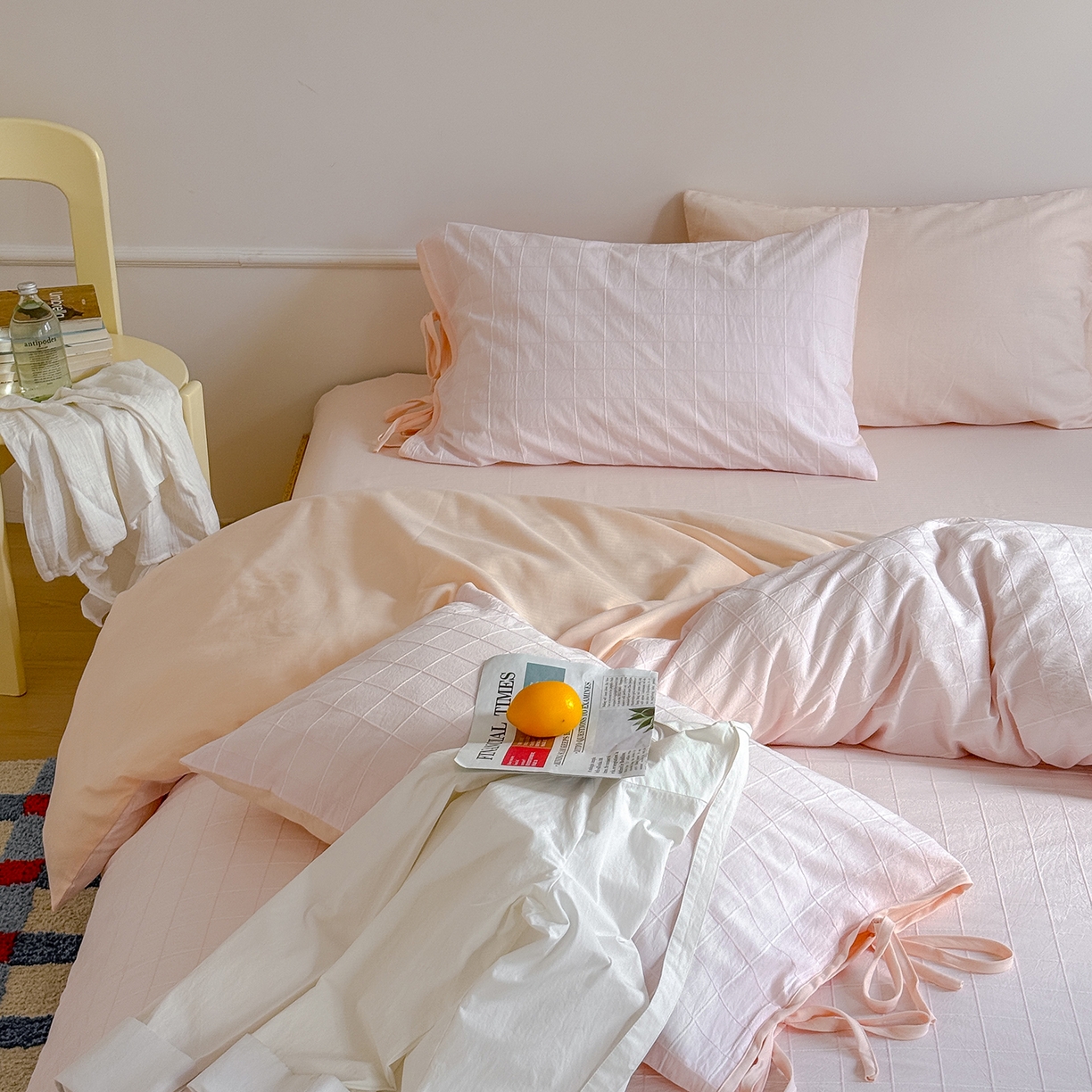 91家纺网 家纺一手货源 找家纺 （总）小春日和 纯棉色织提花四件套人字纹全棉提花床单1.8米床笠民宿三件套加大纯色床单