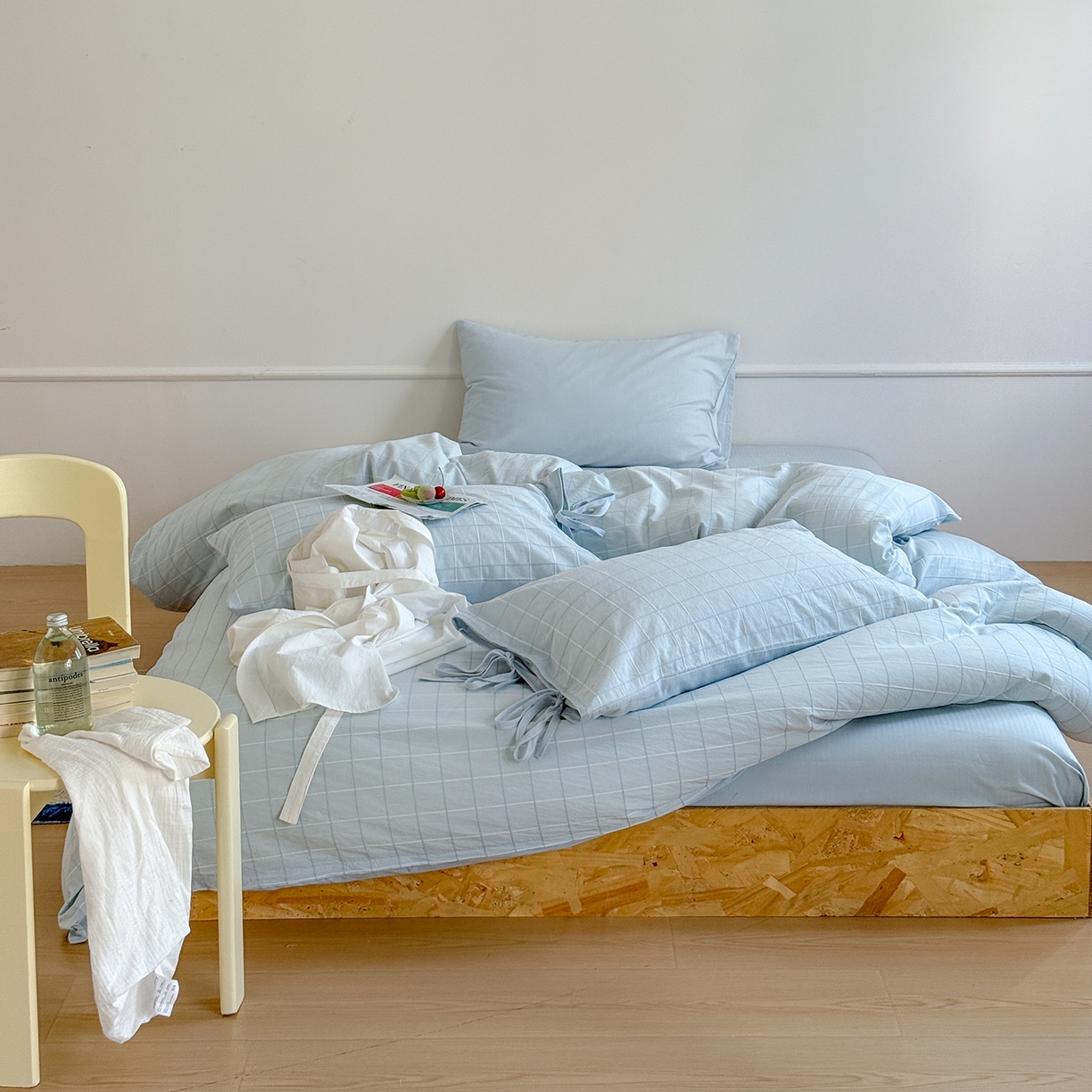 91家纺网 家纺一手货源 找家纺 小春日和 纯棉色织提花四件套人字纹全棉提花床单1.8米床笠民宿三件套加大纯色床单 泡芙-兰