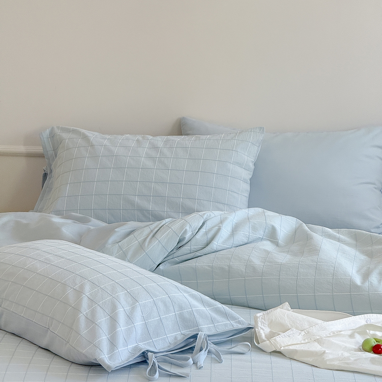 91家纺网 家纺一手货源 找家纺 （总）小春日和 纯棉色织提花四件套人字纹全棉提花床单1.8米床笠民宿三件套加大纯色床单