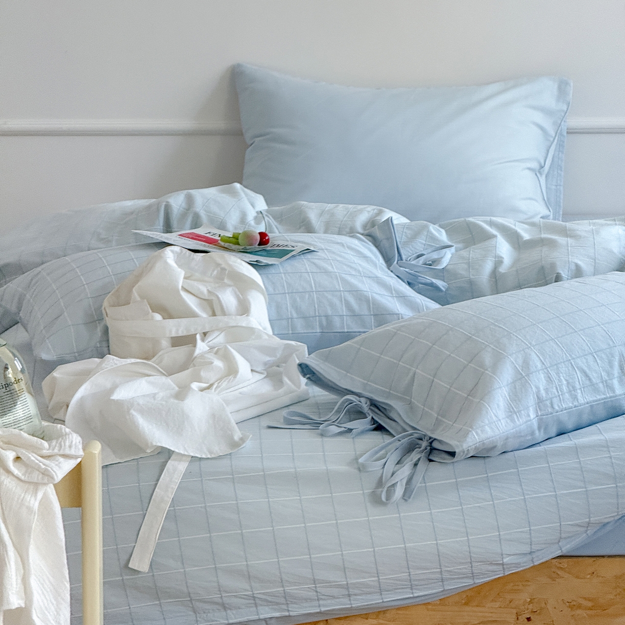 91家纺网 家纺一手货源 找家纺 小春日和 纯棉色织提花四件套人字纹全棉提花床单1.8米床笠民宿三件套加大纯色床单 泡芙-兰