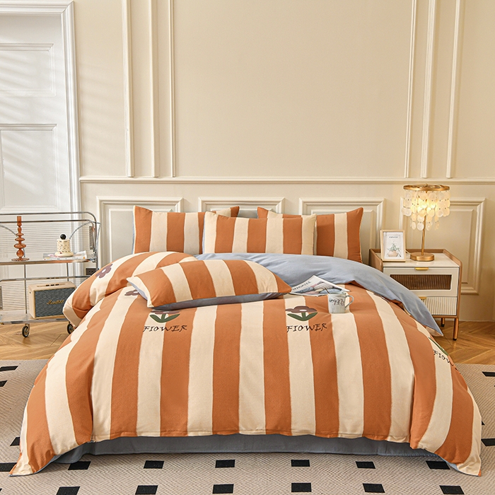 91家纺网 家纺一手货源 找家纺 宇彬家纺 2025直播热新款秋冬全棉四件套精梳生态原棉印花加厚磨毛轻奢铂金床单床笠款三四件套 妮可（桔）