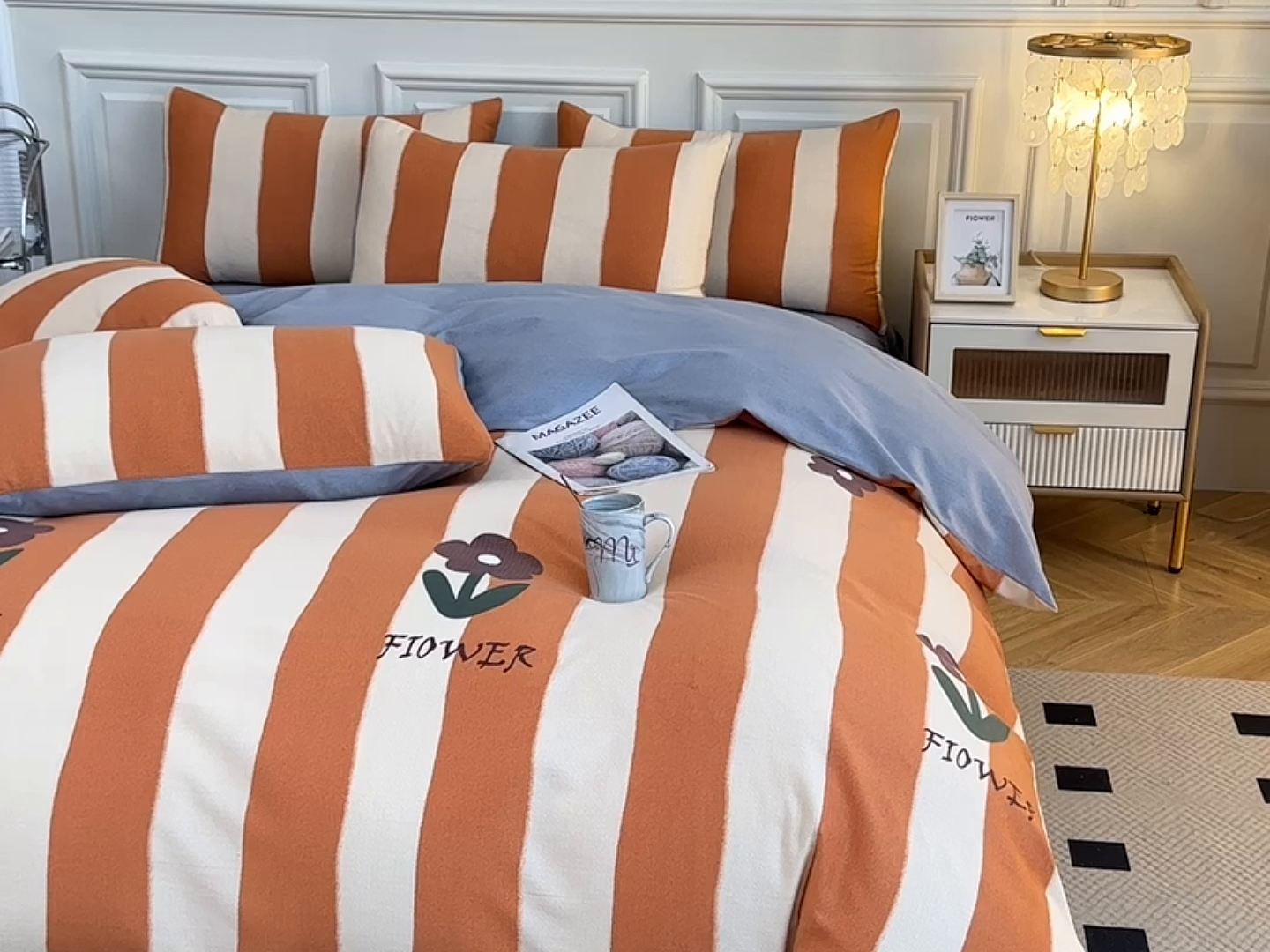 91家纺网 家纺一手货源 找家纺 宇彬家纺 2025直播热新款秋冬全棉四件套精梳生态原棉印花加厚磨毛轻奢铂金床单床笠款三四件套 妮可（桔）