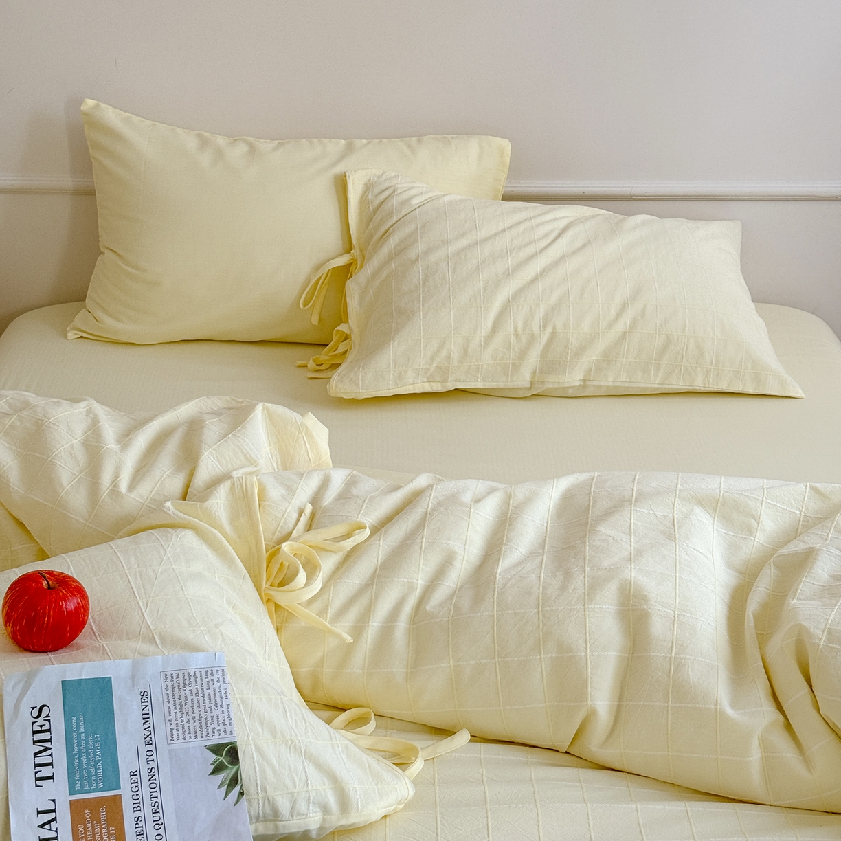 91家纺网 家纺一手货源 找家纺 小春日和 纯棉色织提花四件套人字纹全棉提花床单1.8米床笠民宿三件套加大纯色床单 泡芙-黄